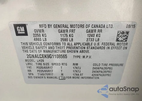 2016 Chevrolet Equinox Lt from USA, damaged, VIN 2GNALCEK9G1108565